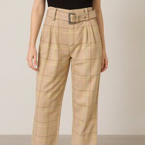 Gestuz Beige Plaid High Waist Belted Wide Leg Trousers Chic Tailored Pants SZ 36